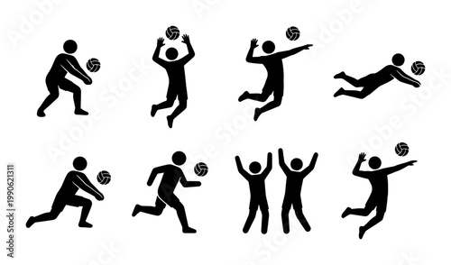 Volleyball player silhouette icons set, professional athlete action poses in black vector, sports competition and team training pictograms