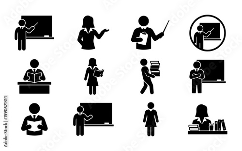 Cuadro en lienzo Teacher and Professor Icon Set, 12 Education Vector Pictograms, Academic Instruc
