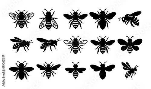 Honey bee silhouette icons set, 15 bumblebee vector elements, black bumble bee insect graphics for nature branding and honey packaging design