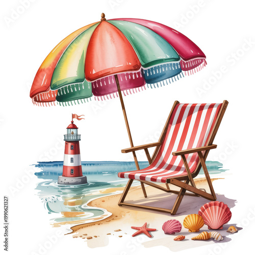 Colorful beach setup with chair, lighthouse, umbrella and shells, playful summer illustration, watercolor isolated on transparent background