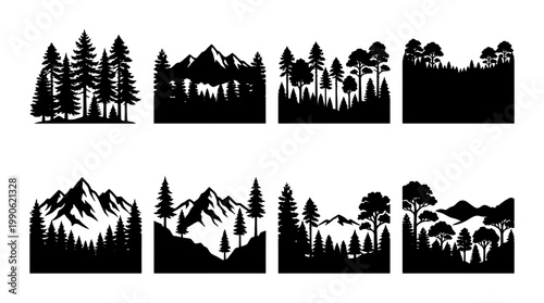 Mountain forest silhouette collection, 8 black pine tree landscape icons, minimalist wilderness nature vector set for outdoor adventure branding