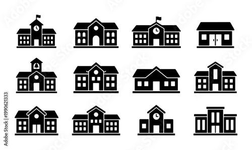 School building icon set, 12 black silhouette education facility symbols, university and college campus architecture vector illustrations