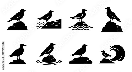 Seagull silhouette icon set, 8 coastal bird vector elements on rocks, black nautical sea gull graphics with ocean waves, marine wildlife logo collection