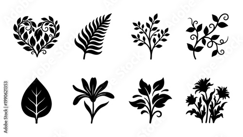 Black floral silhouettes set, 8 botanical leaf and flower icons, decorative garden plant elements, organic nature vector illustrations for logo design