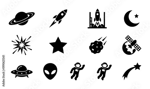 Minimalist space exploration icon set, black galaxy symbols including rocket and astronaut, 12 flat vector astronomy elements for web design