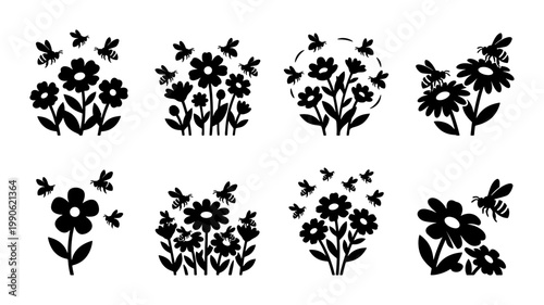 Minimalist bee and flower icons set, black silhouette honeybee garden illustrations, floral pollinator vector collection for eco branding