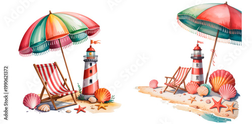 Cute beach scene with striped chair, lighthouse and umbrella, summer seaside illustration isolated on transparent background, watercolor