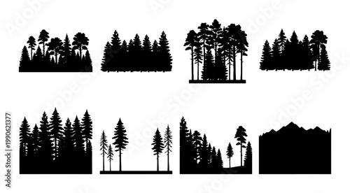 Pine forest silhouette vector set, black evergreen tree landscape icons, coniferous woodland timber graphics, 8 nature wilderness design elements