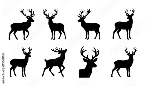 Deer silhouette vector collection, 8 black stag and buck icons with antlers, wild reindeer and elk animal shapes for hunting and nature logos