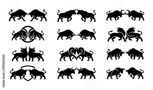 Powerful bull logo collection, set of 12 black silhouette fighting bulls, aggressive animal mascots for sports branding and finance icons