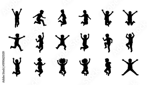 Jumping kids silhouettes collection, set of 18 happy children jumping and playing, active youth energy vector icons for school and sports