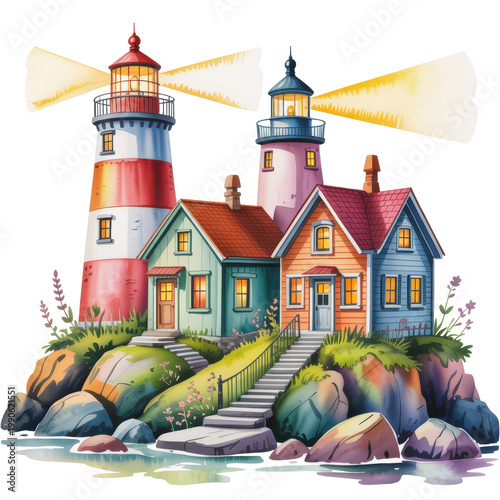Charming seaside cottages with lighthouse on cliffs, colorful coastal illustration, watercolor isolated on transparent background