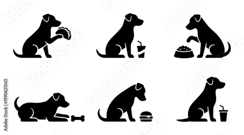 Black dog silhouette icon set, 6 vector illustrations of dogs eating fast food and treats, canine pet eating burger and taco symbols