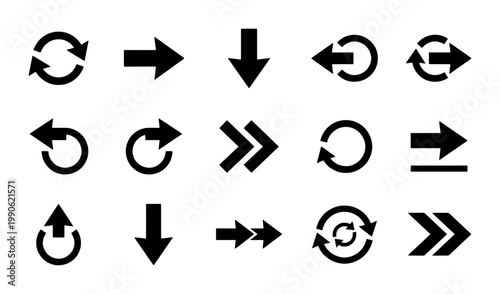 Free Download Black arrow icon set, 15 vector navigation symbols, minimalist directional pointers and refresh cycle signs for web interface design - GFXLoad