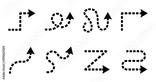 Dotted arrow vector set, black dashed line pointers in various shapes, minimalist curved and zigzag directional icons for navigation and flowcharts