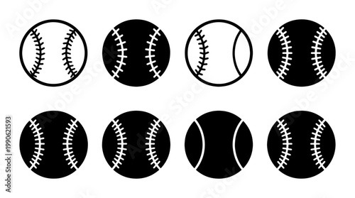Baseball icon set with 8 vector elements, black and white softball ball silhouettes with stitching, sports equipment graphics for team logos
