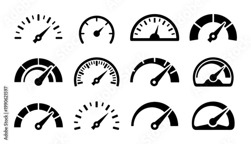Speedometer icon set with 12 vector elements, black dashboard gauge symbols for performance tracking, minimalist tachometer and odometer dial graphics