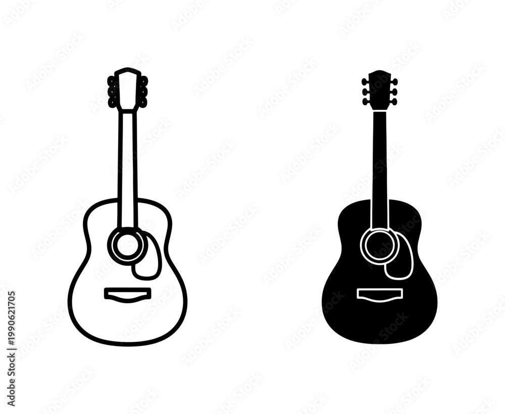 Naklejka premium Acoustic Guitar Outline and Solid Black Silhouette Icon Set