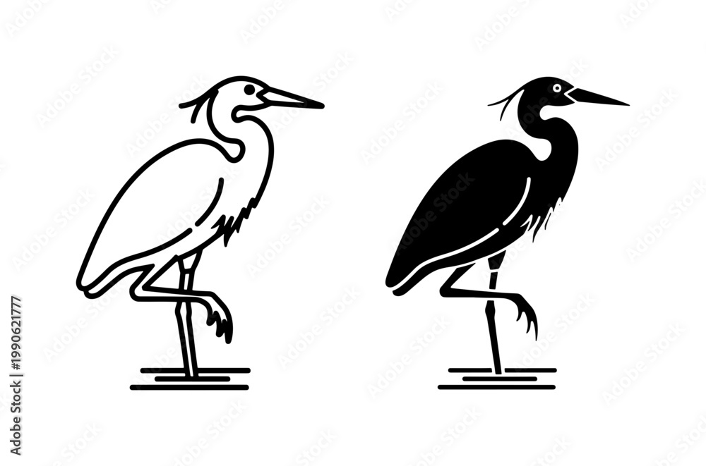 Fototapeta premium Heron Bird Silhouette and Line Art Vector Set