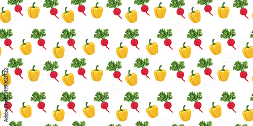 fresh vegetable seamless pattern with yellow bell pepper and radish minimal white backdrop