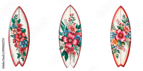 Decorative surfboards with floral patterns tropical beach style illustration set, watercolor isolated on transparent background