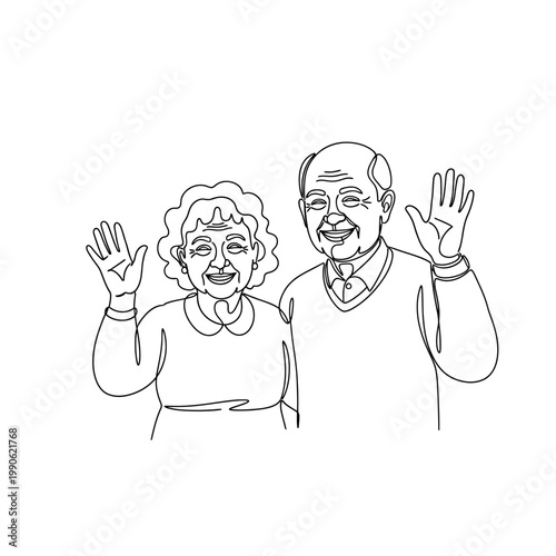 Smiling elderly couple waving hands.