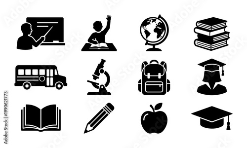Education icon set with 12 black school symbols, academic learning vector illustrations, back to school student and teacher silhouettes for web design