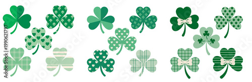Collection of green shamrock clovers with various patterns, perfect for St Patrick themed designs