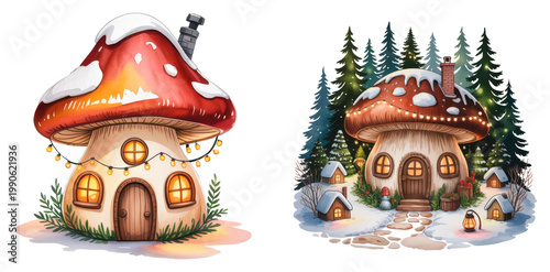 Whimsical mushroom cottages with warm lights in snowy forest, cozy fantasy winter home scene ,isolated on transparent background, watercolor