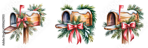Rustic mailboxes decorated with snow, pine branches and ribbon, cozy Christmas holiday illustration, isolated on transparent background, watercolor