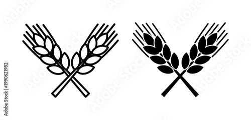 Crossed Wheat Ears Black Silhouette and Outline Icon Set
