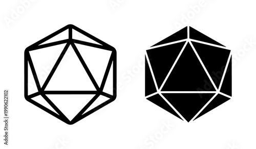 D20 Dice Outline and Solid Icosahedron Vector Icons