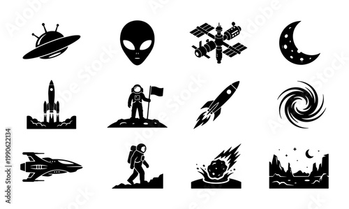 Space exploration icon set, black silhouette galaxy symbols, 12 astronomy vector elements including astronaut, rocket ship, and alien head