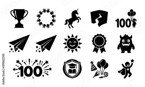 Black silhouette school achievement icons, 15 education and celebration vector elements, 100 days of school milestone graphics for kids and teachers