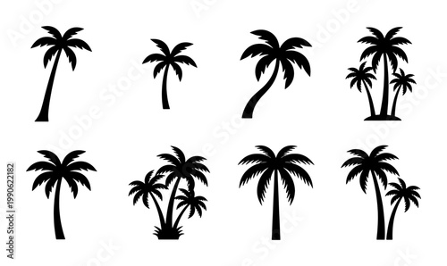 Black palm tree silhouettes set, tropical coconut tree vector icons, 8 exotic summer plant elements for beach vacation and travel design