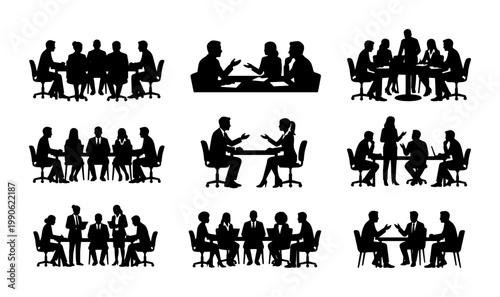 Business meeting silhouettes set, professional office team collaboration icons, corporate group discussion and workshop vector graphics