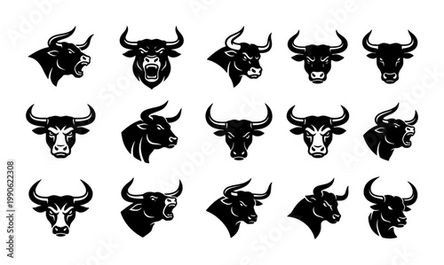 Aggressive bull head mascot set, 15 black and white bull icons, angry buffalo and ox head vector collection for sports team logos and branding