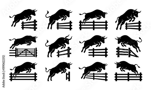 Black bull silhouette set jumping over wooden fences, 12 bull icons jumping hurdles, charging cattle silhouettes for farm and rodeo branding