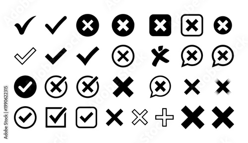 Minimalist check mark and cross icon set, black and white validation symbols, 32 flat vector elements for UI design and web interface