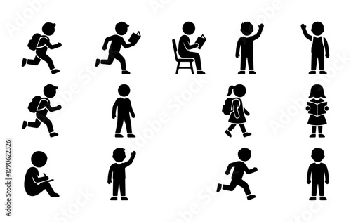School children stick figure icons, 13 black silhouette student characters, pupils reading and walking with backpacks, elementary education vector set