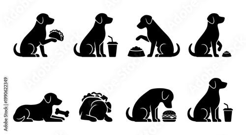 Dog silhouette icons set, black labrador retriever eating food and drinking, pet nutrition and canine behavior vector collection, 8 animal pictograms