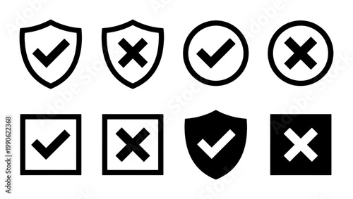 Minimalist check mark and cross icon set, black security shield and validation symbols, 8 vector elements for web interface and data verification