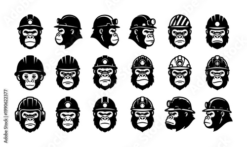 Gorilla construction worker mascot set, 18 ape head icons wearing hard hats and mining helmets, industrial primate vector collection for logos