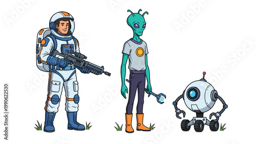 Sci-fi Cartoon Characters: Astronaut, Alien, and Robot Trio Illustration