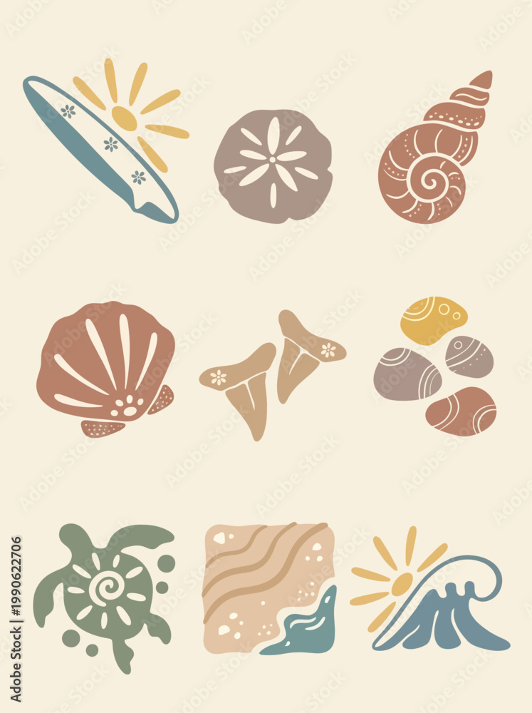 Naklejka premium Seashells and ocean beach icons set.