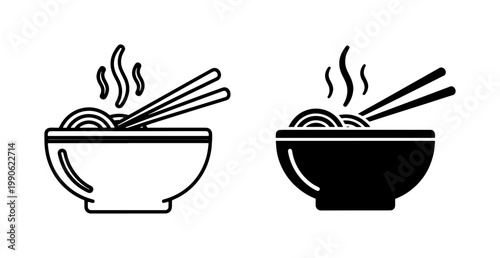 Hot Ramen Bowl with Chopsticks Noodle Line Icon Set