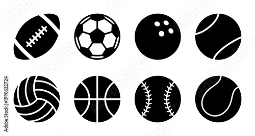 Minimalist sports ball icons set, black silhouette athletic equipment collection, 8 vector symbols for soccer, football, basketball and baseball