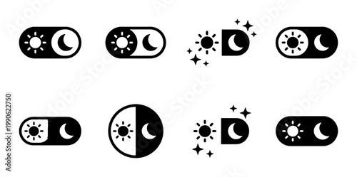Fotografie Minimalist dark mode toggle switch icons, sun and moon day night mode buttons, s