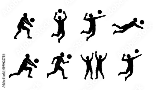 Volleyball player silhouettes set, professional athletes in action poses, black vector icons of volleyball match movements and sports competition