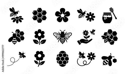 Honey bee and beekeeping icon set, 15 black solid vector symbols of honeycombs and flowers, organic apiary and pollination graphic elements